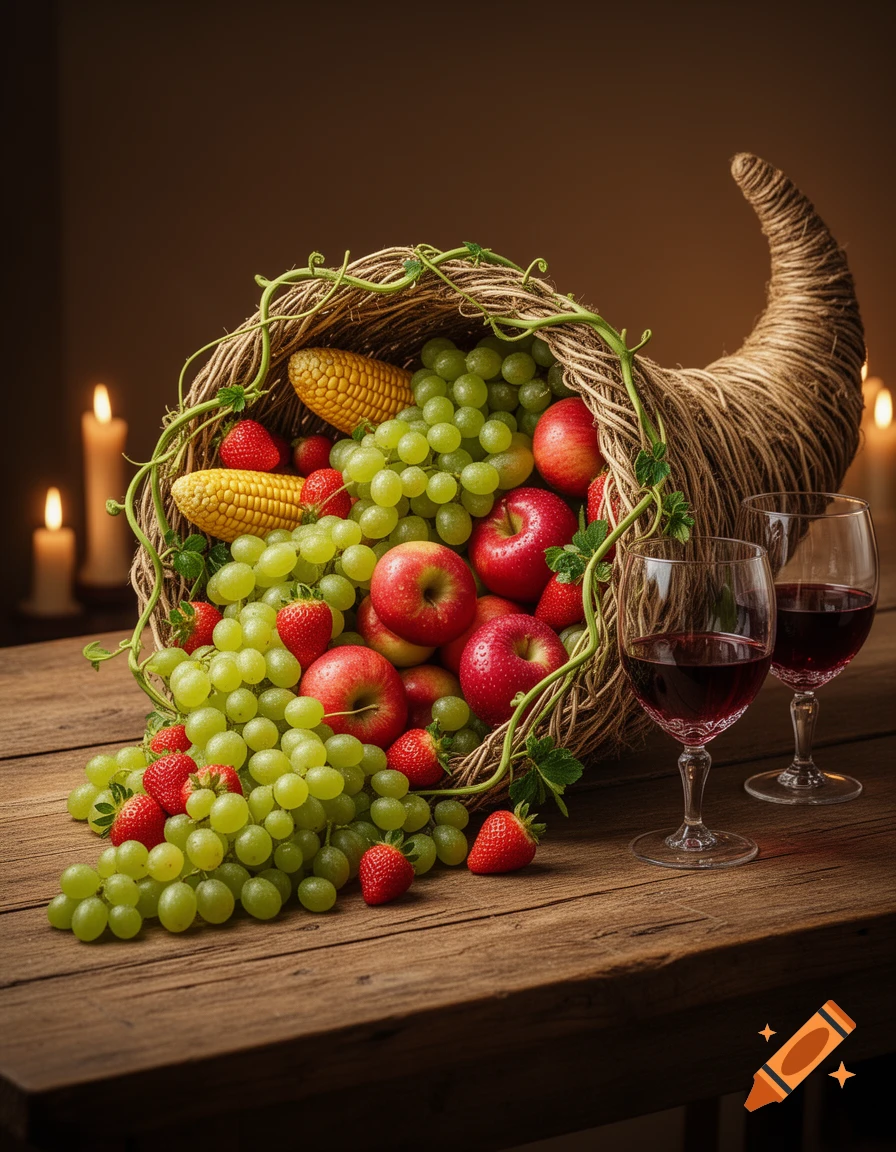 A bountiful cornucopia overflowing with green grapes, red apples, strawberries, and corn on a rustic wooden table with two glasses of red wine and lit candles.