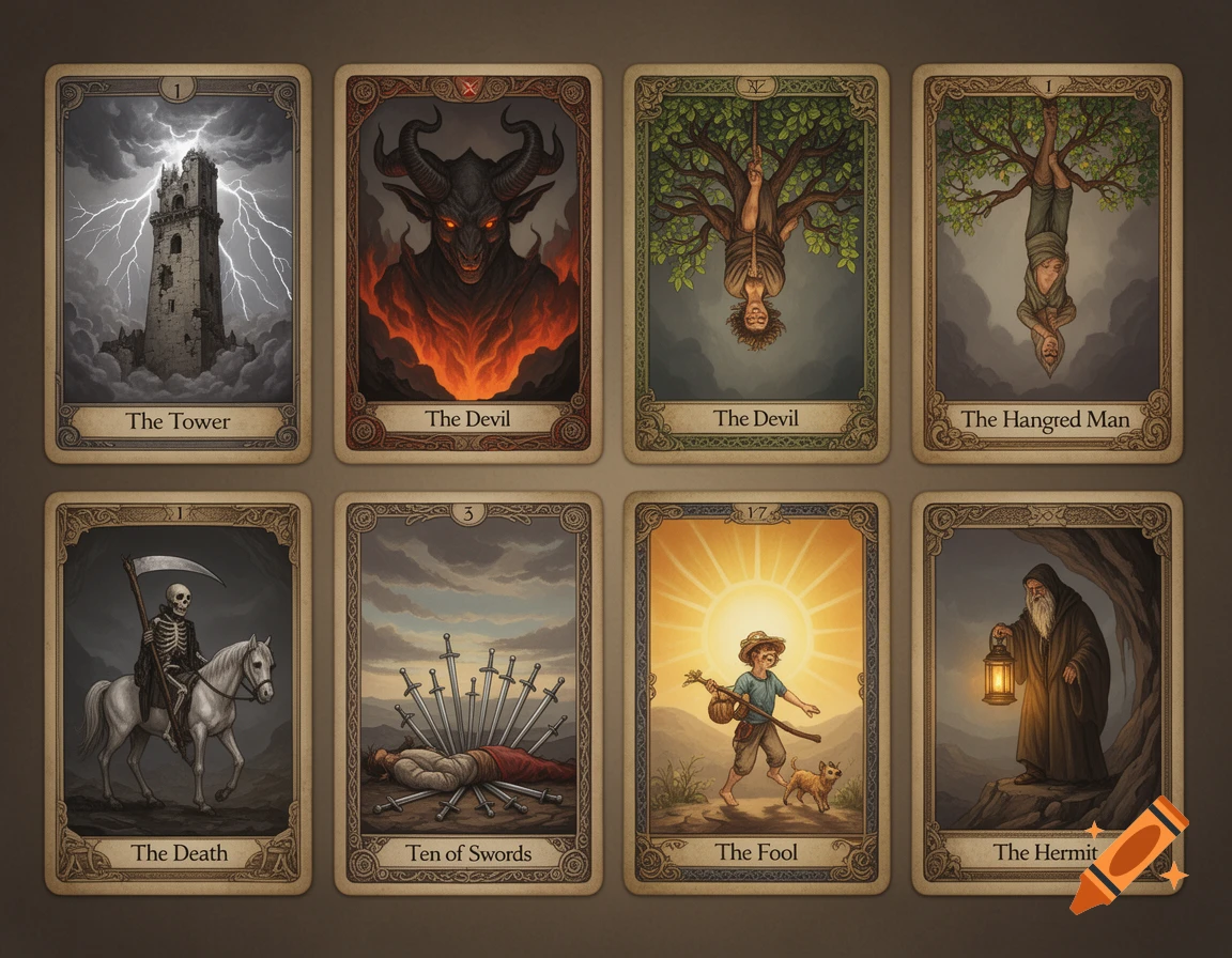 An array of eight stylized tarot cards including The Tower, The Devil, The Hanged Man, The Death, Ten of Swords, The Fool, and The Hermit.