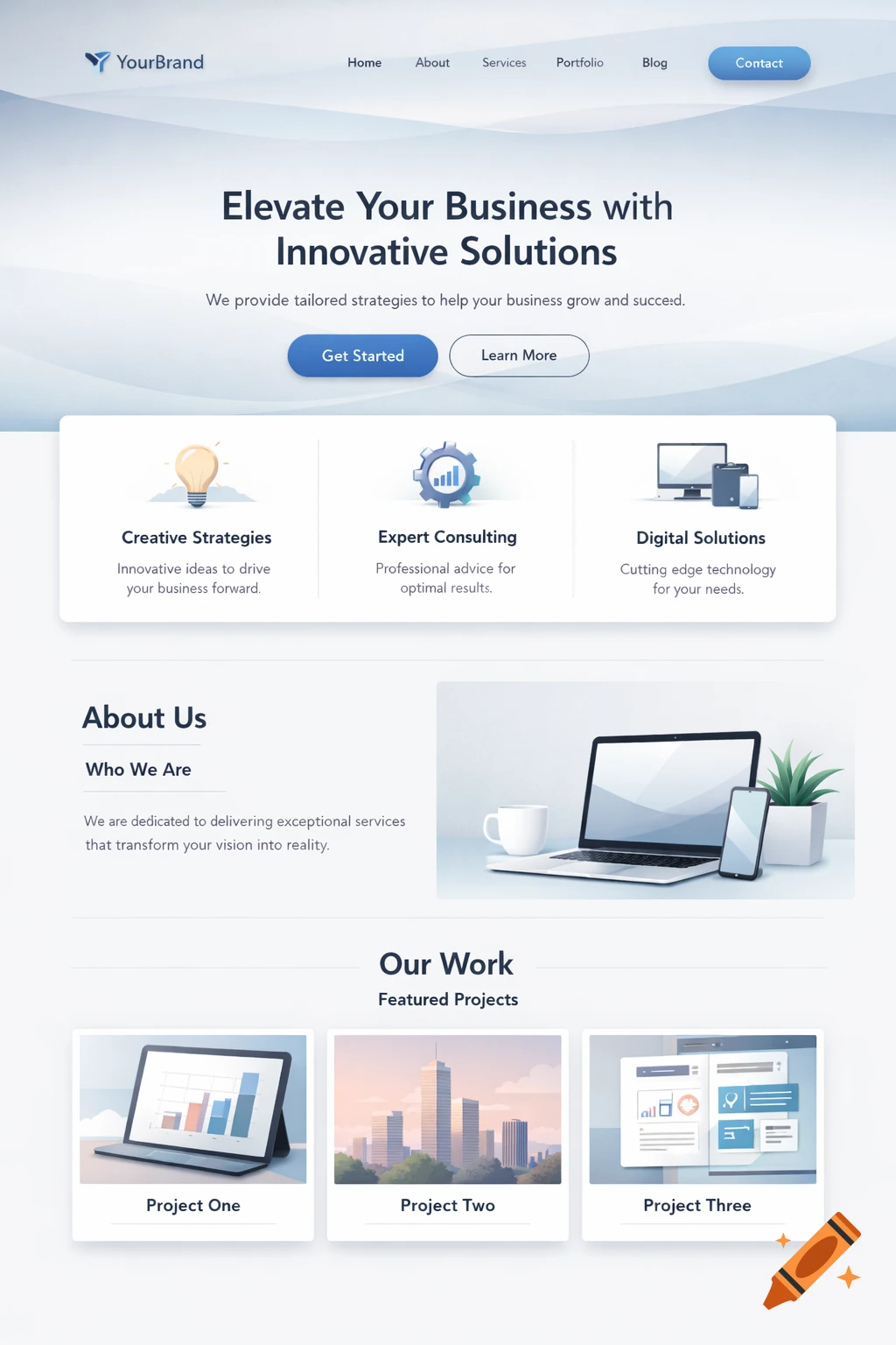 A clean and modern website homepage mockup with business-themed content, navigation, and sections for services and projects.