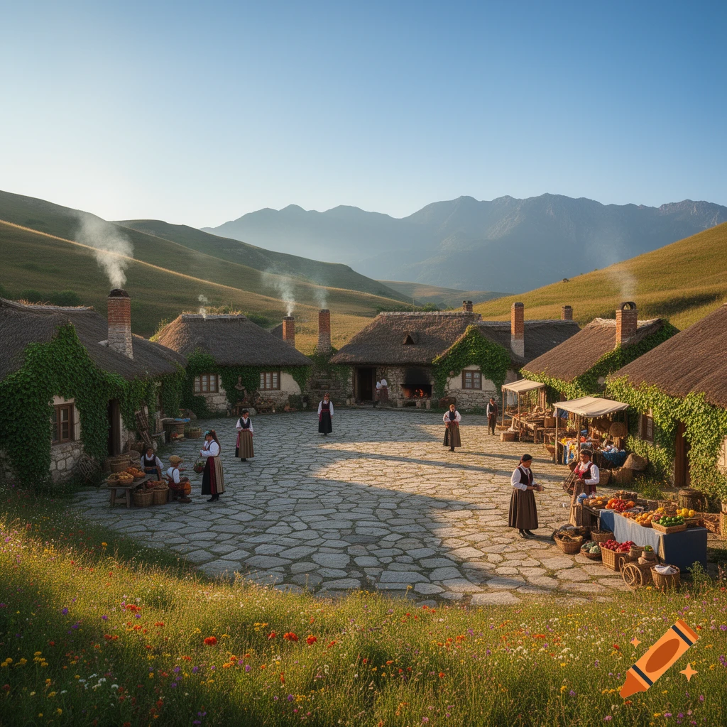 A bustling village square with traditional stone houses, people in period clothing, and market stalls, surrounded by green hills and mountains.