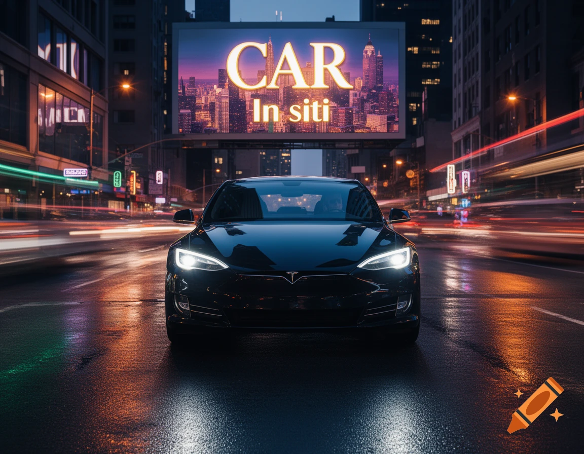 A black car on a wet city street at night, with a billboard displaying 'CAR In siti' overhead and light trails.