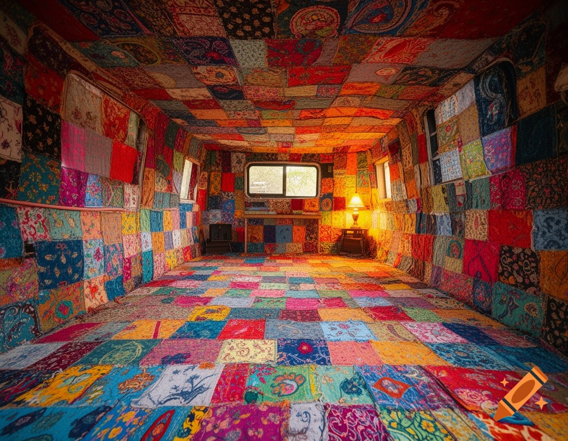 A vibrant vehicle interior completely covered in colorful, mismatched patchwork fabric in an eclectic bohemian style.