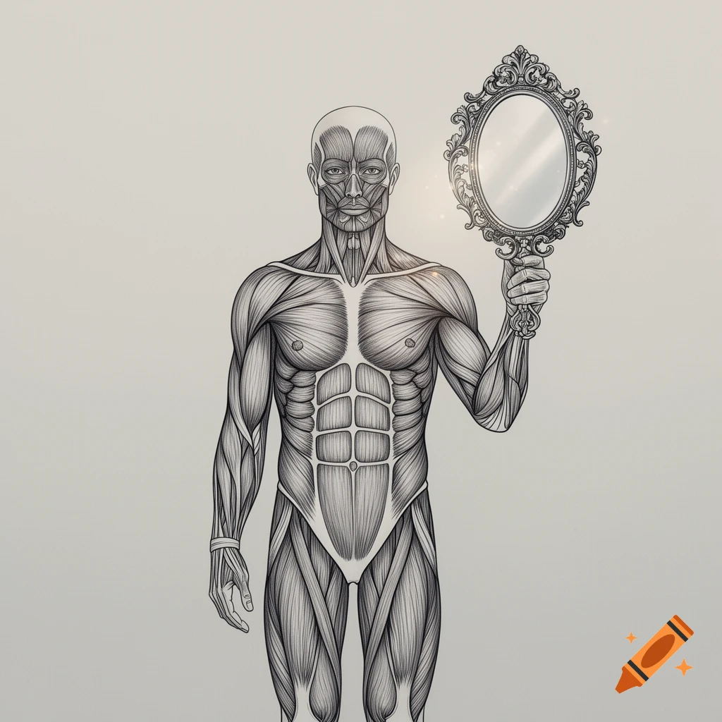Schematic illustration of a human muscular system, frontal view, holding an ornate mirror in the right hand.