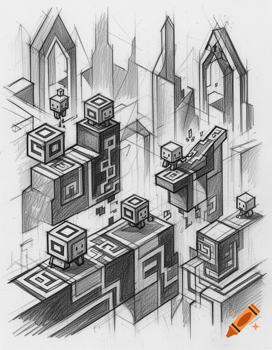 A black and white isometric sketch showing blocky platforms, abstract architecture, and small cube characters, resembling a Geometry Dash level.