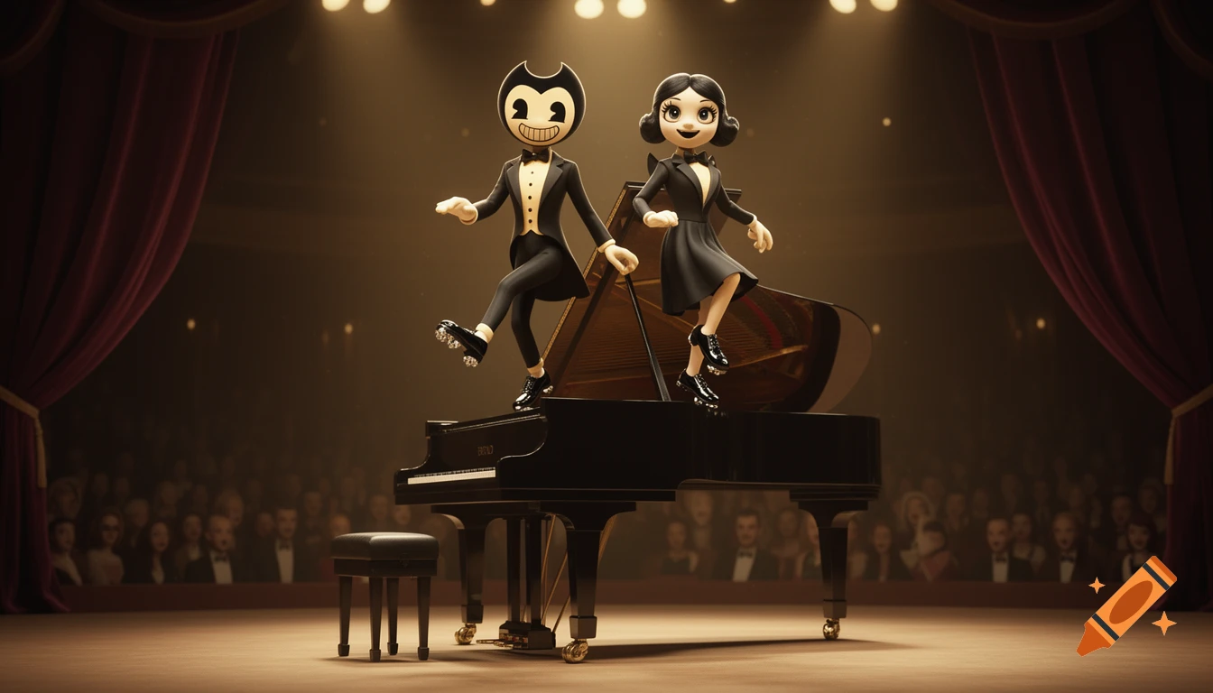 Bendy and Alice Angel, animated characters in tuxedos, tap dance on a grand piano on a spotlighted stage with a blurry audience.