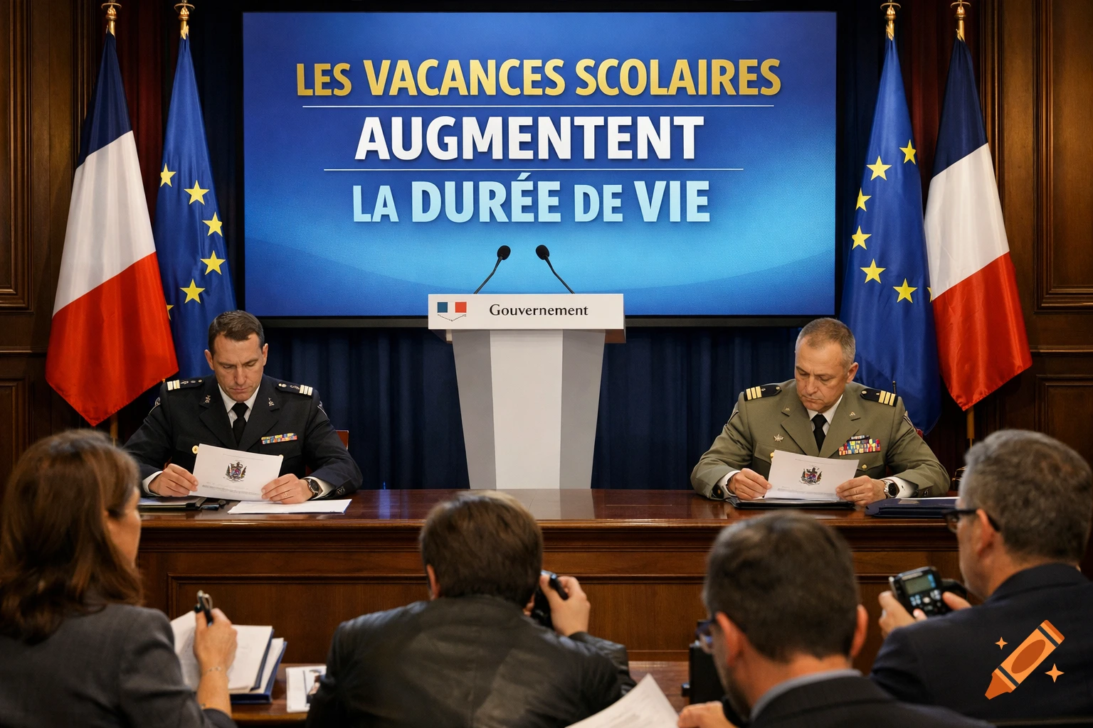 Two uniformed men with medals sit at a table reading documents during a press conference, flanked by French and European Union flags, with a screen behind them displaying French text about school holidays.
