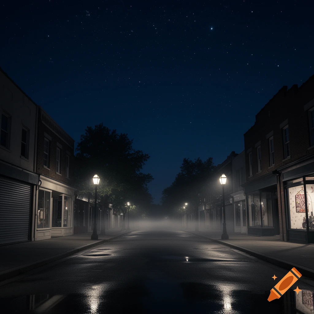 A misty street at night, lined with shops and streetlights under a starry sky, with reflections on the wet pavement.