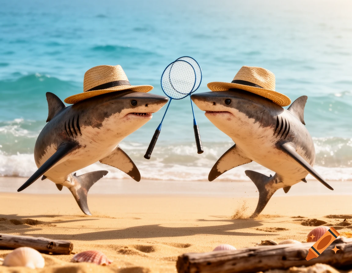 Two anthropomorphic sharks in straw hats on a sunny beach, holding badminton rackets, with the ocean behind them.