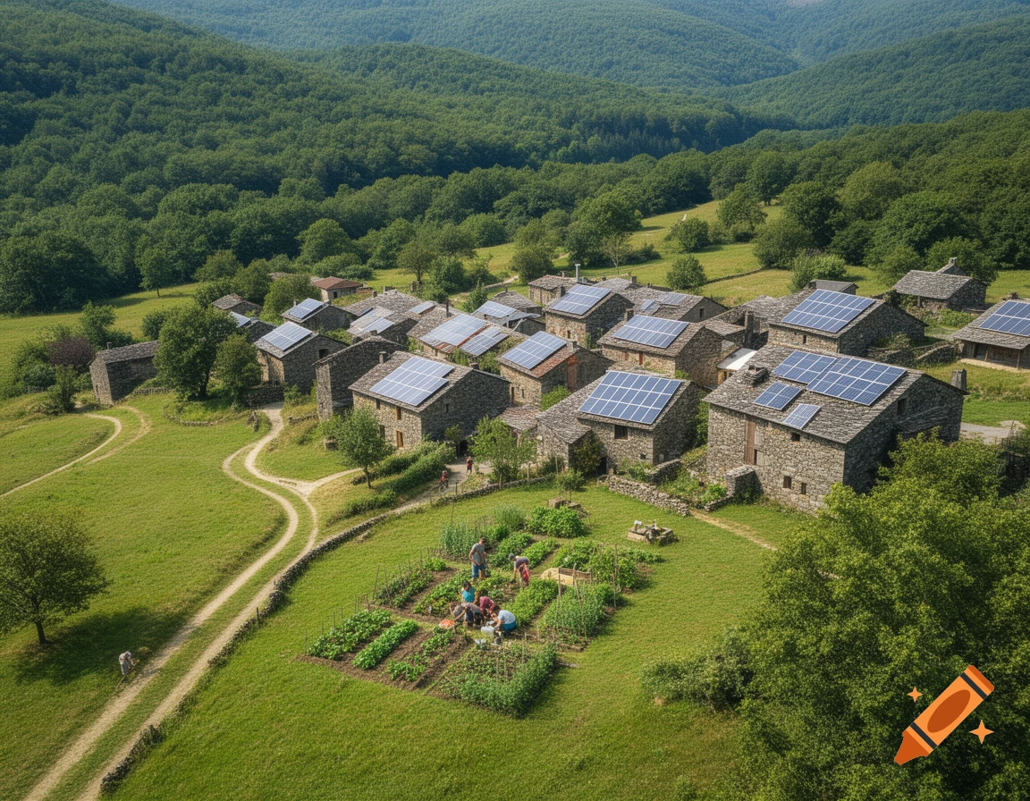 Aerial view of a secluded stone village with solar panels and a community garden in a lush green mountain valley.