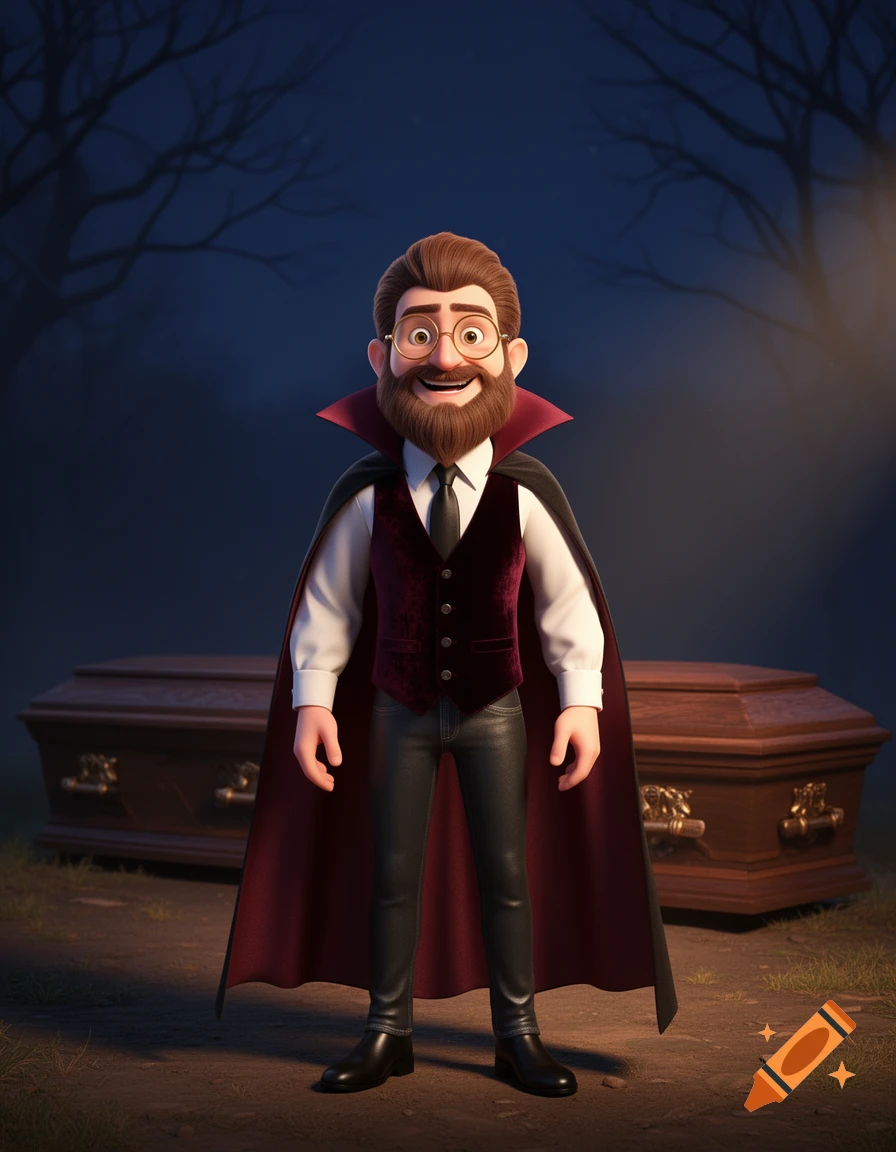 A friendly 3D animated vampire with a beard, glasses, and cape smiles in a dark, foggy setting with a coffin behind him.