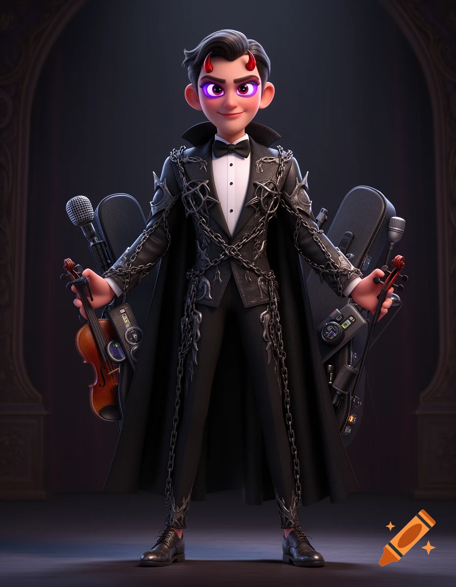 A stylized 3D render of a male character with red horns and glowing eyes, wearing a gothic black tuxedo with chains, holding a violin.