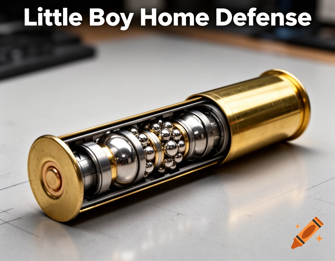 A photorealistic cross-section of a golden shotgun shell revealing complex metallic internal components, titled "Little Boy Home Defense".