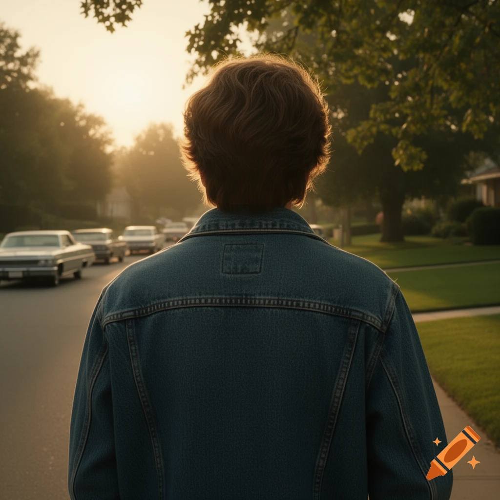 A person in a denim jacket, seen from behind, stands on a suburban street at golden hour, backlit by the setting sun.
