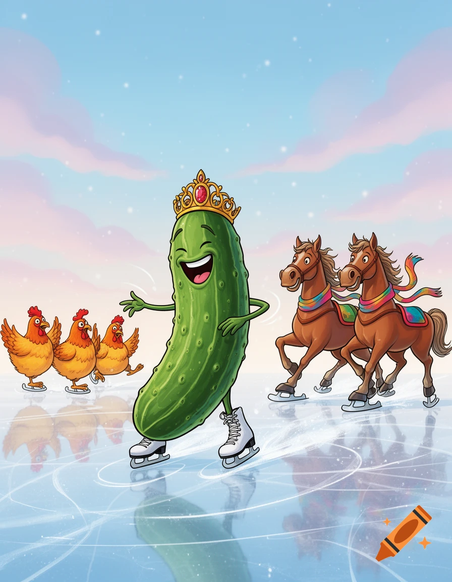 A cartoon pickle with a crown ice skating joyfully with three chickens and two horses on a frozen pond.