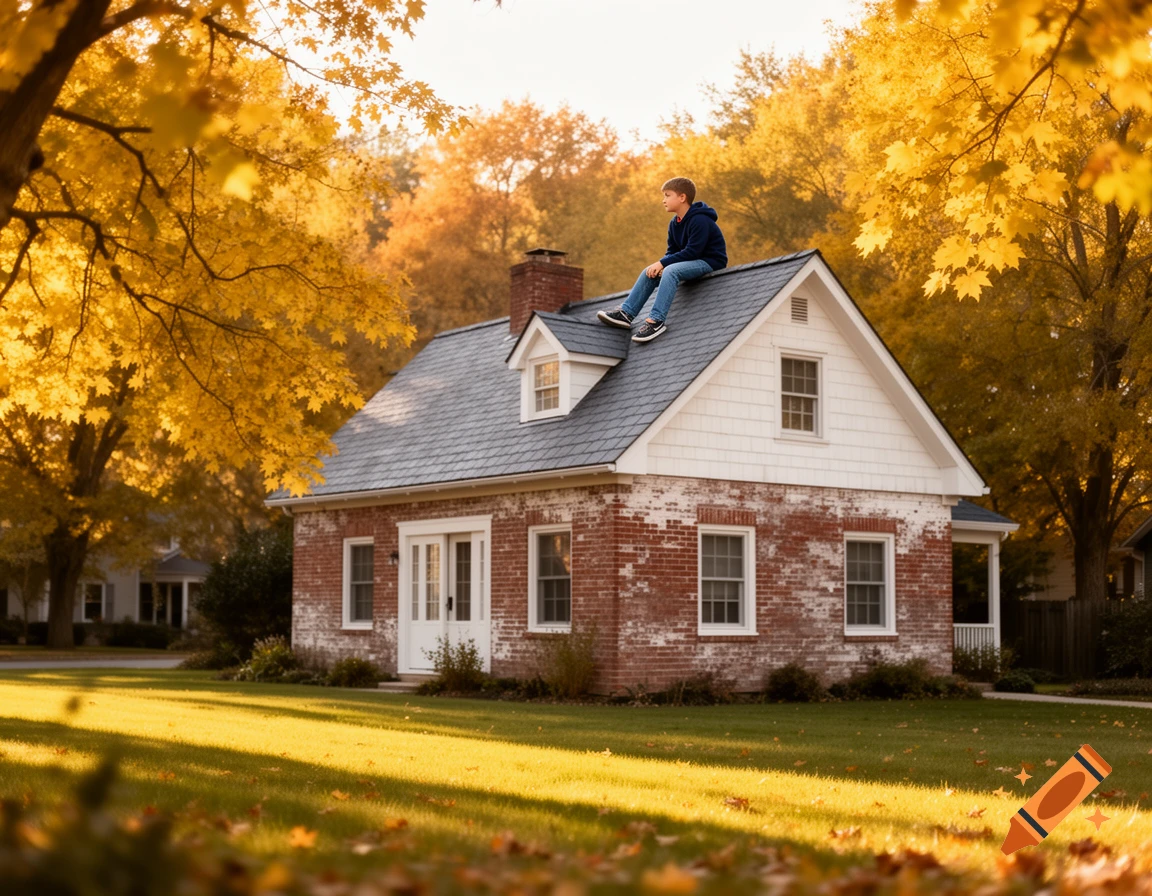 A boy sits on the roof of a brick and white house, surrounded by trees with vibrant yellow autumn leaves.