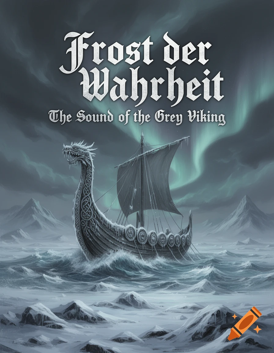 A dramatic illustration of a Viking longship with a dragon figurehead sailing through a frozen, stormy sea under an aurora-lit sky.