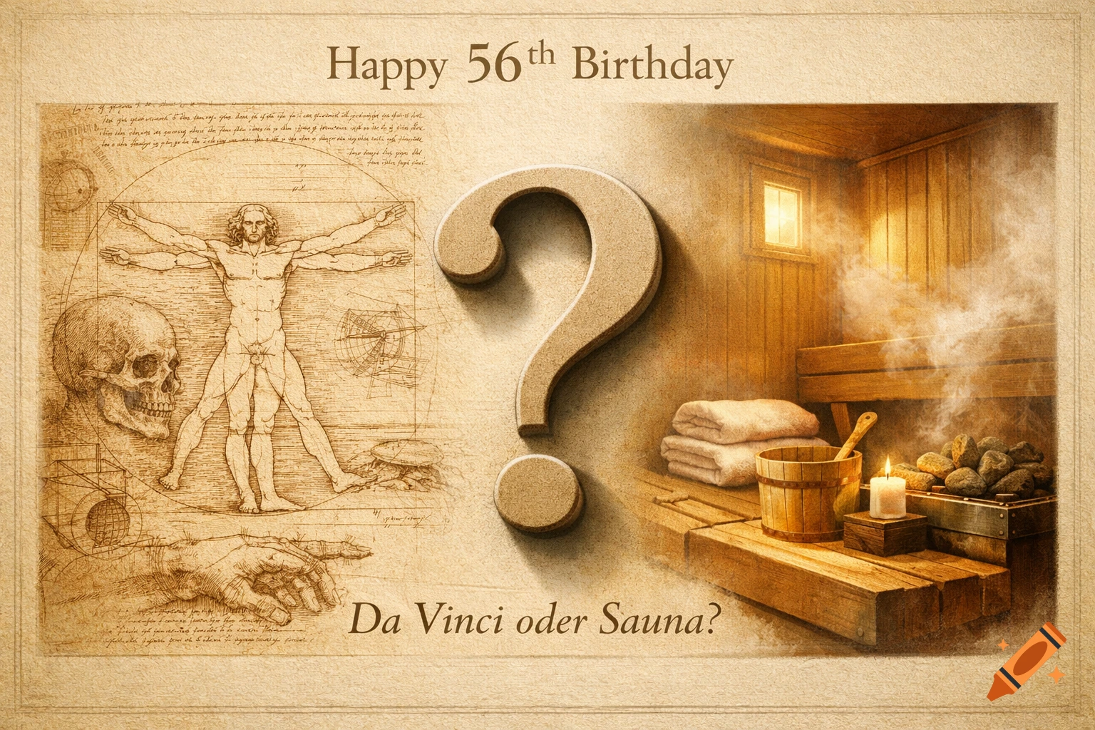 A vintage-style birthday card split between a Vitruvian Man drawing and a sauna scene, with text 'Happy 56th Birthday' and 'Da Vinci oder Sauna?'