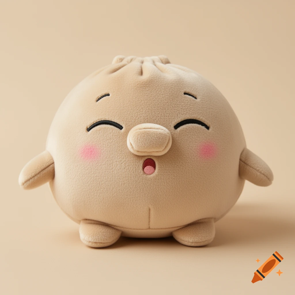 A cute, round, beige plush toy with a happy, surprised expression, pink cheeks, and small limbs, on a plain light background.