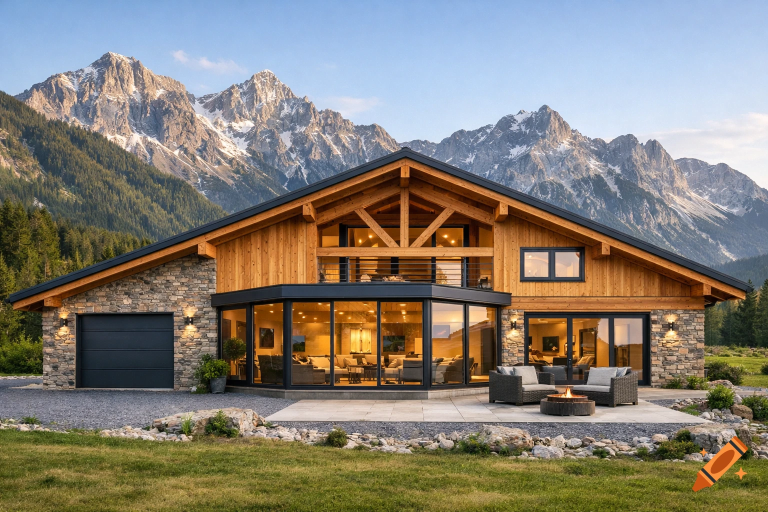 A modern wood and stone chalet-style house with large windows, a patio, and a fire pit, nestled in a stunning mountain landscape.