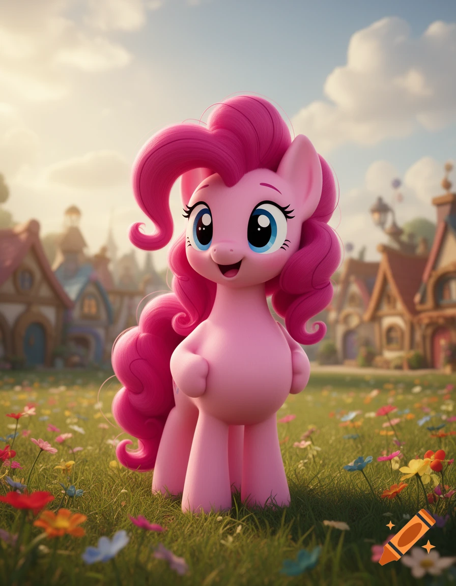 Cartoon Pinkie Pie from My Little Pony stands in a vibrant flower field with quaint houses under a bright sky.