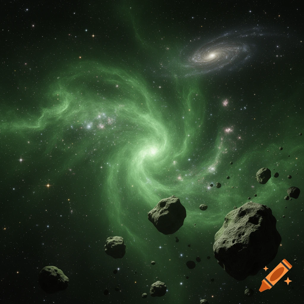 A vibrant green nebula swirls in deep space, surrounded by numerous dark, rocky asteroids and distant stars.