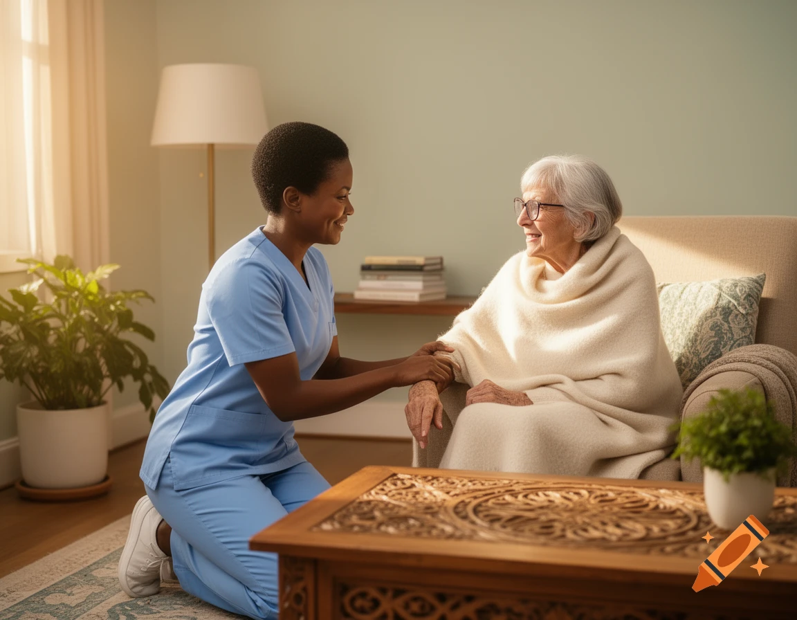 A smiling caregiver kneels, holding the arm of a smiling elderly woman wrapped in a blanket, in a warm, sunlit room. Photorealistic.