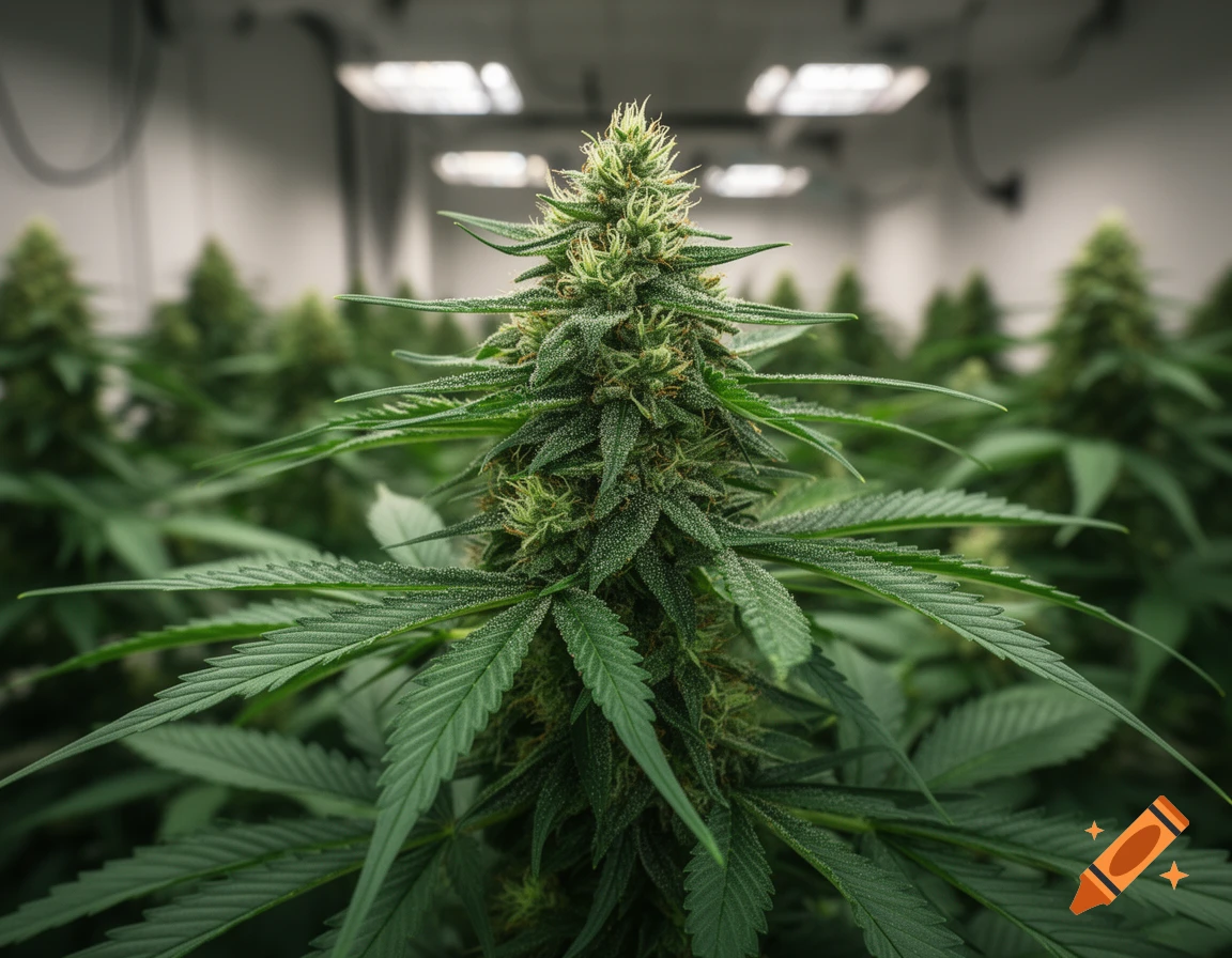 Photorealistic close-up of a vibrant green cannabis plant with dense buds in an indoor grow room.