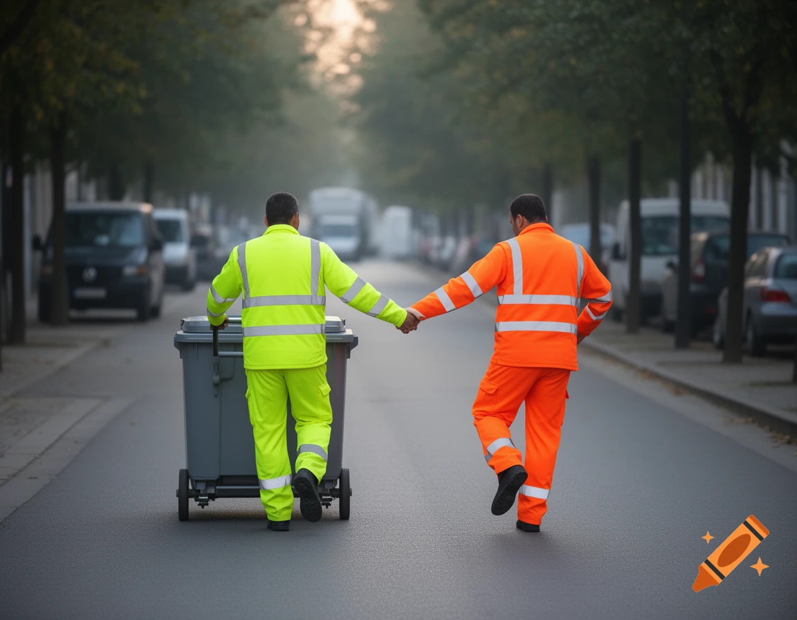 Two garbage men in neon yellow and orange work clothes walk backwards down a street, holding hands and pulling a trash bin.
