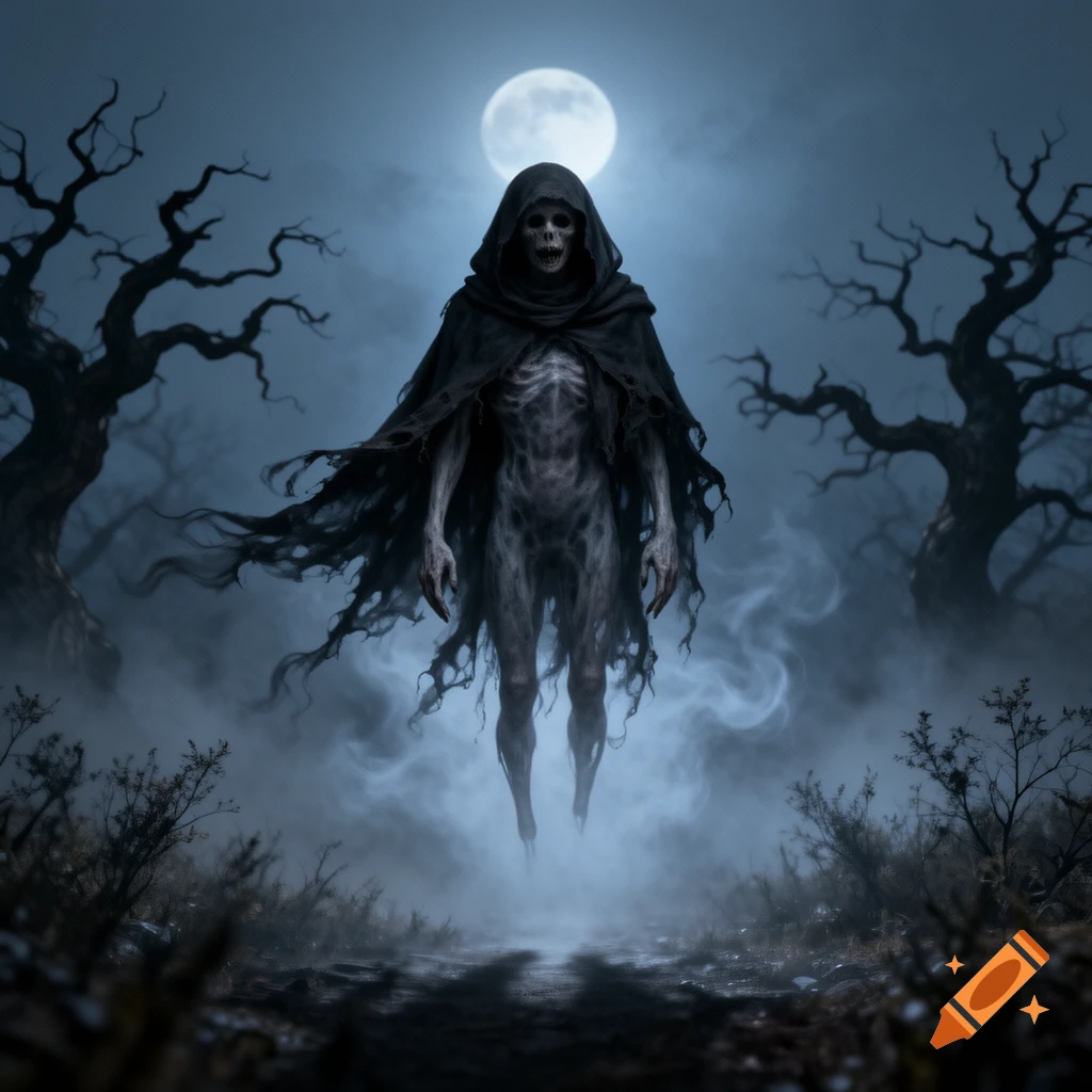 A skeletal figure in a black hooded cloak floats above a foggy, dark ...