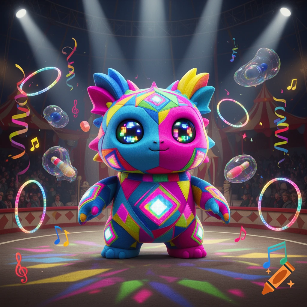 Vibrant, geometric patchwork creature with glowing eyes stands in a circus ring under spotlights, surrounded by hoops, bubbles, musical notes, and confetti.