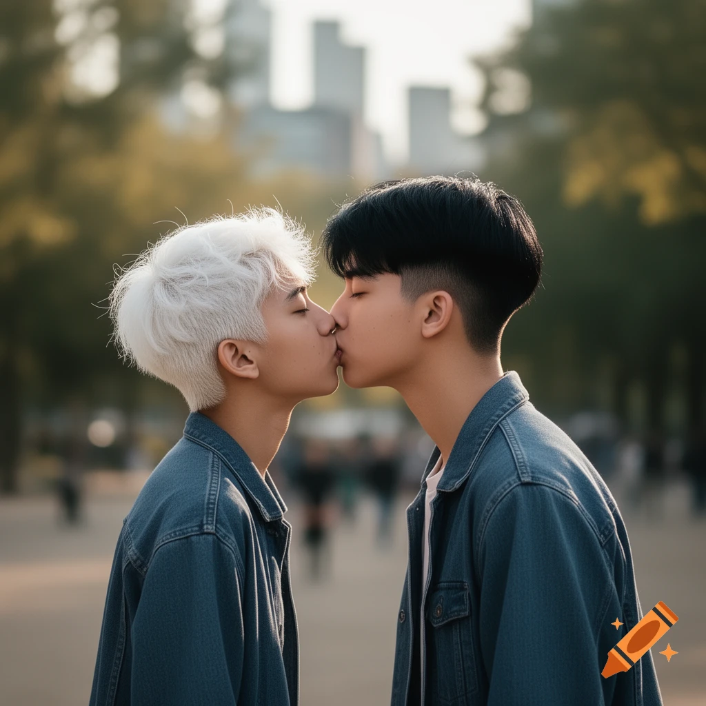 Two young Asian men, one with white hair and one with black hair, gently kiss outdoors with a blurred city background.