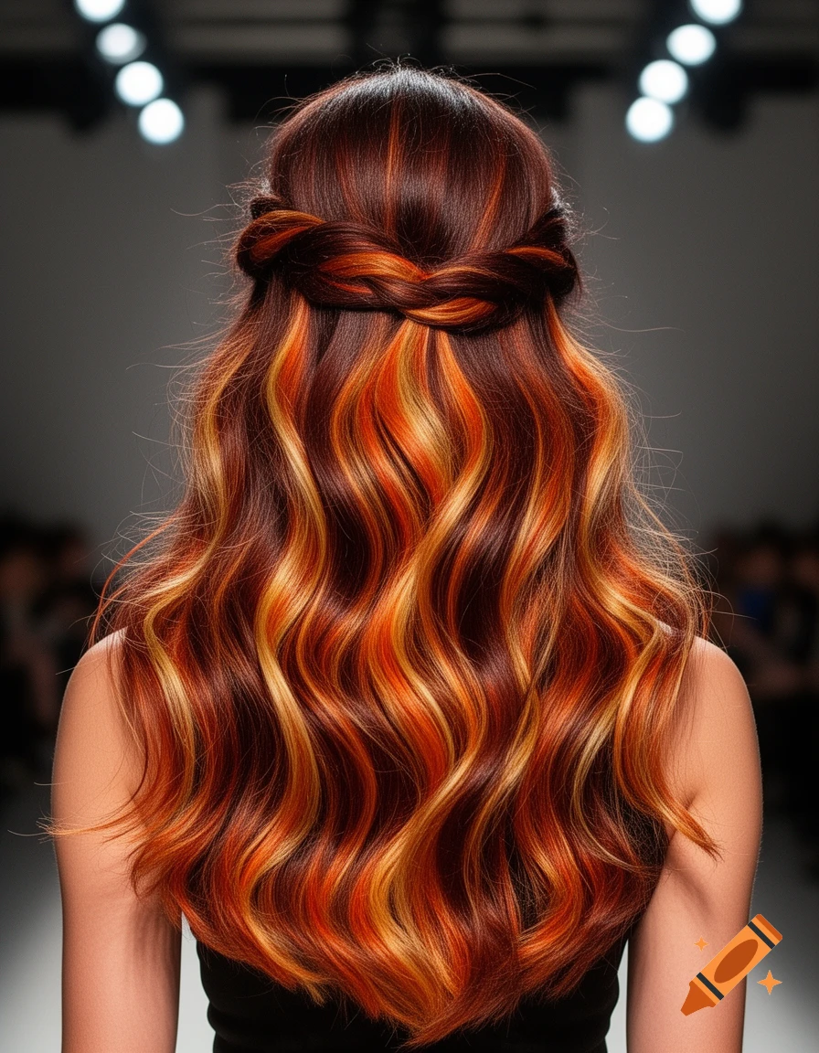 Back view of a person with long, wavy red hair with orange and blonde highlights, styled in a braided half-updo on a runway.