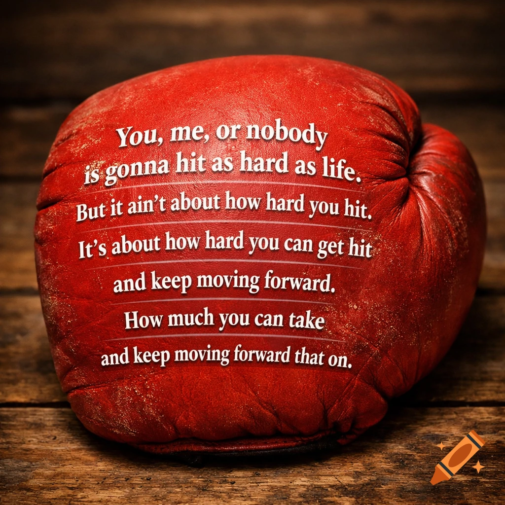 Close-up of a worn red boxing glove with an inspirational quote about life's resilience on a wooden background.