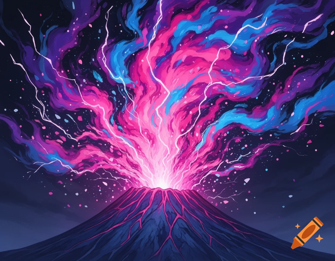 A vibrant, abstract anime-style digital painting of a volcanic eruption with pink, fuchsia, electric blue, and violet plumes.