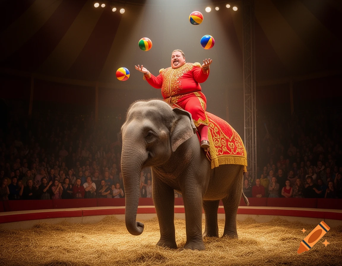 A portly man in a red suit juggles colorful balls while riding an elephant in a circus tent with an audience.