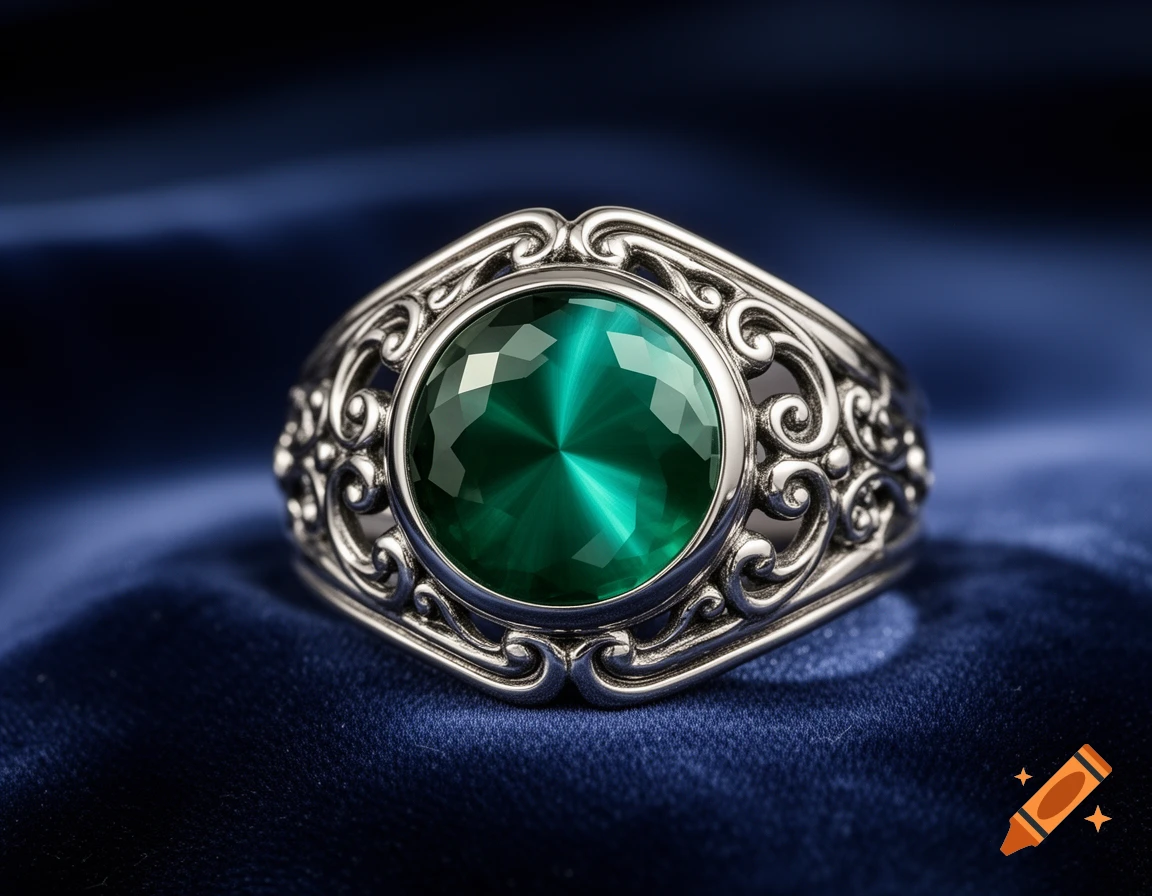 A close-up shot of a silver ring with ornate scrollwork, featuring a large, faceted green cat's eye gemstone, resting on dark blue fabric.