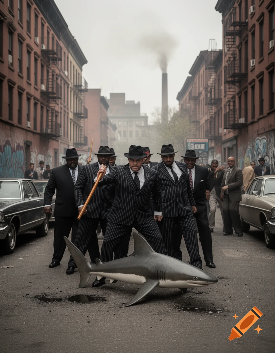 A group of men in pinstripe suits and fedoras stand around a shark lying on a wet street in a foggy city.
