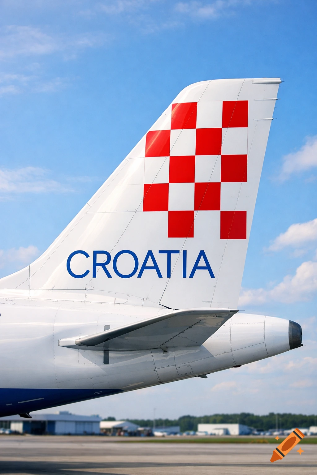 A close-up, photorealistic image of a white airplane tail featuring a red and white checkered pattern and the word 'CROATIA' in blue letters, set against a clear blue sky.