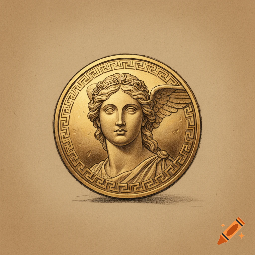 A detailed gold coin featuring a classical bust of a winged woman, possibly Nike, in an illustrative style.
