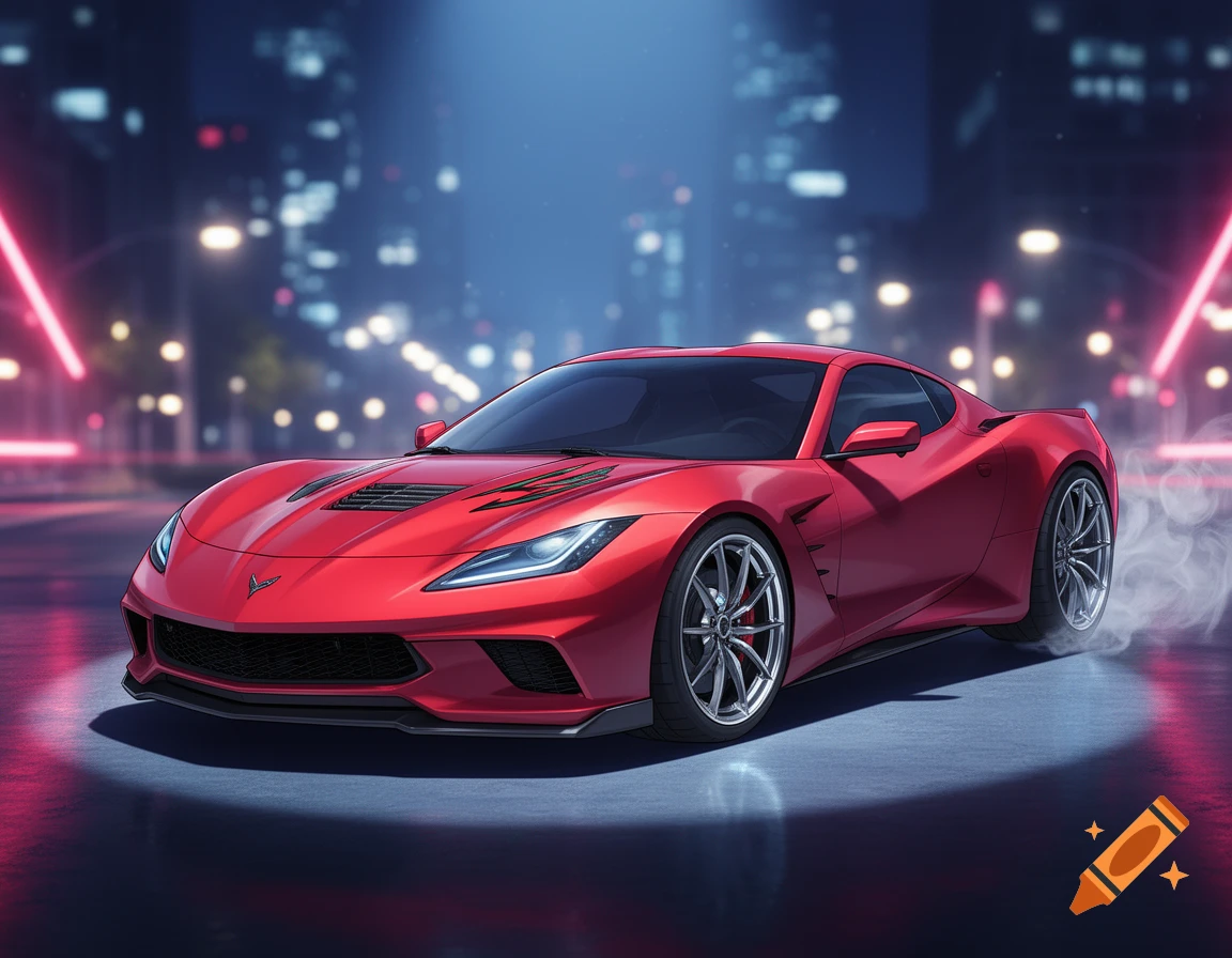 A vibrant red sports car on a wet city street at night, illuminated by neon lights and blurred city lights in the background.