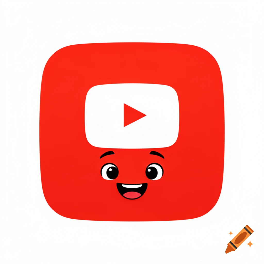 Cartoon anthropomorphic YouTube Kids app icon, a red rounded square with a white play button logo and a happy smiling face.