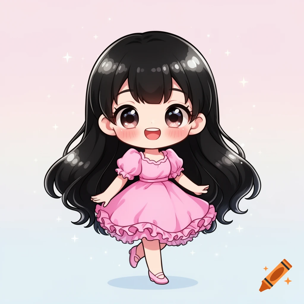 A cute chibi anime girl with long black hair and a pink ruffled dress ...