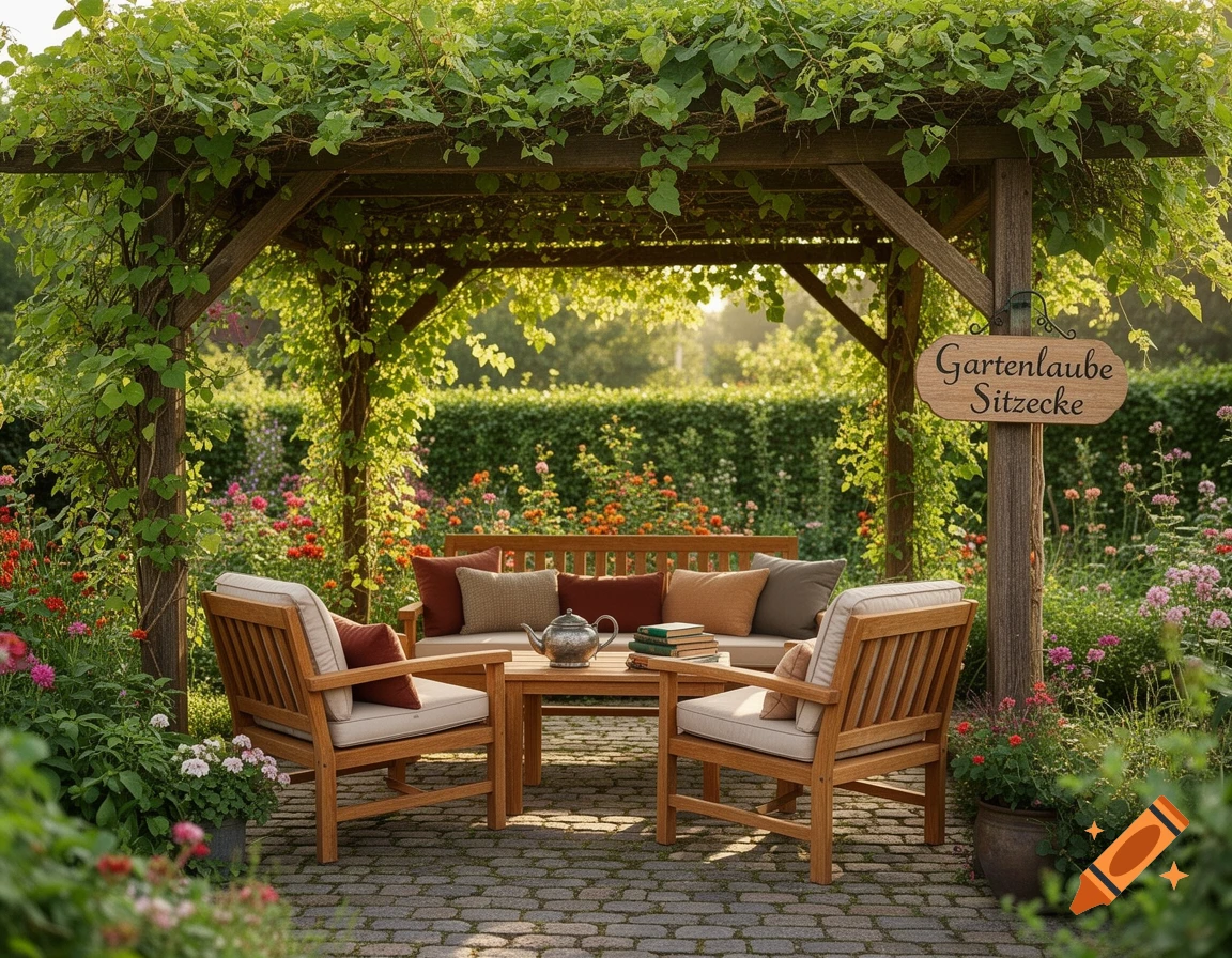 Photorealistic image of a beautiful garden seating area under a vine-covered wooden pergola, with comfortable outdoor furniture.