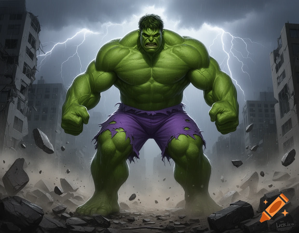The Hulk, a muscular green superhero in torn purple shorts, stands roaring amidst a destroyed city under a stormy sky with lightning.