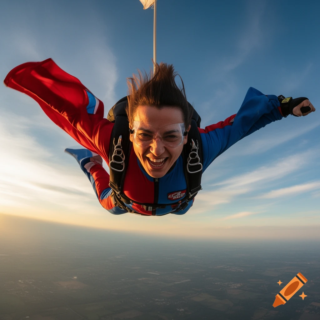 A smiling person in a red and blue skydiving suit soars high above the earth with arms outstretched during sunset.
