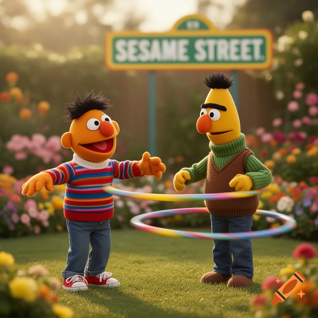 Ernie and Bert play with hula hoops in a sunny garden with a 'Sesame Street' sign. Photorealistic.