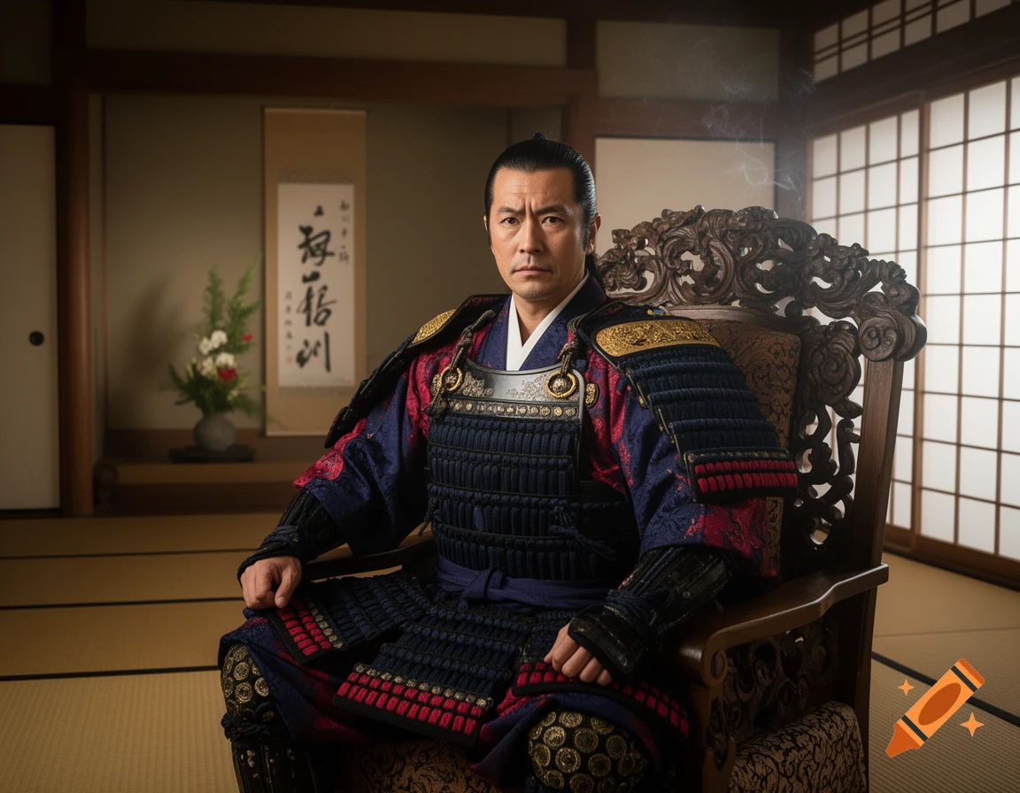 Photorealistic portrait of a man in detailed samurai armor, sitting on an ornate wooden chair in a traditional Japanese room.