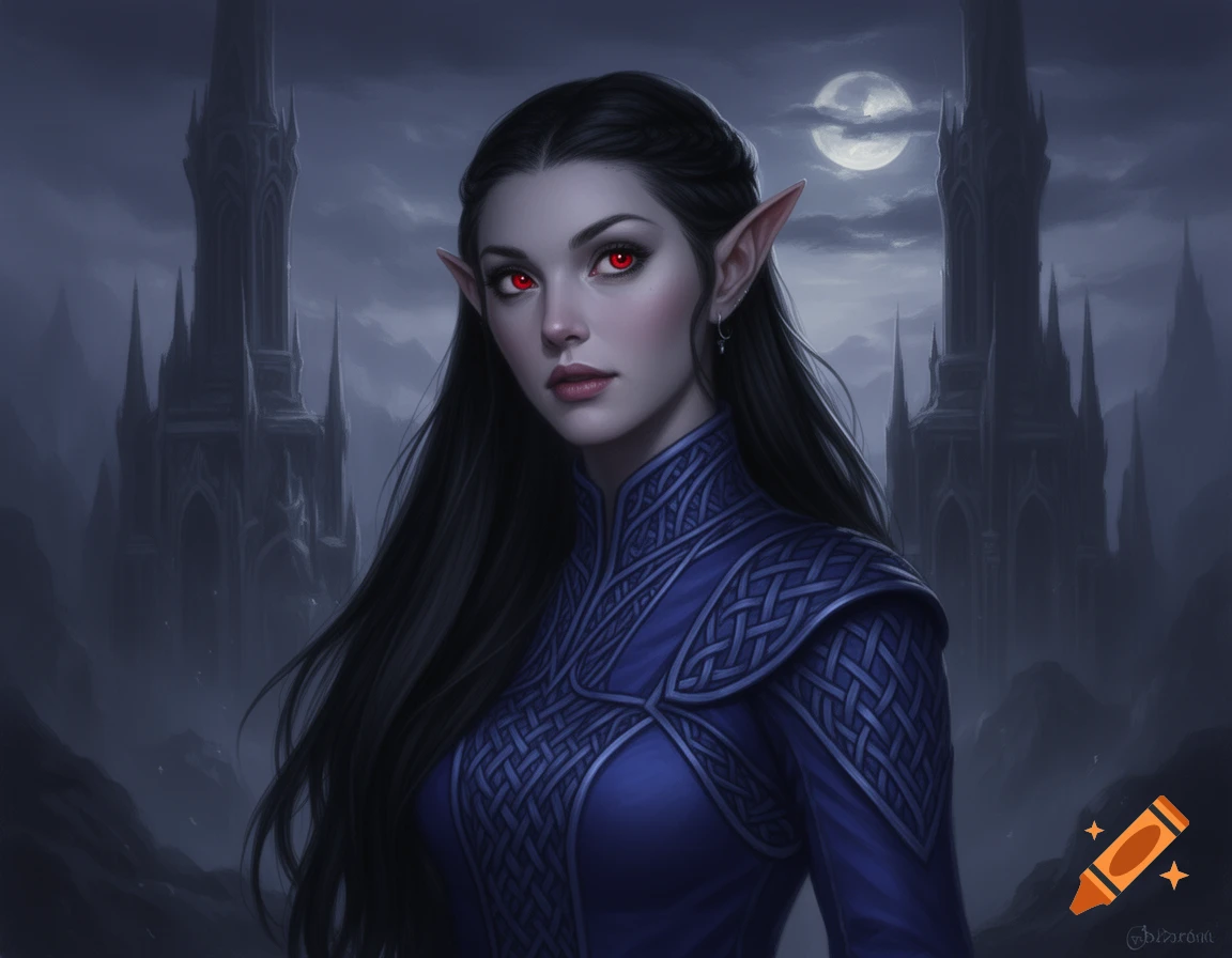 A dark elf woman with long dark hair and crimson eyes, wearing royal blue clothing, stands before dark castles under a full moon in a fantasy painting.