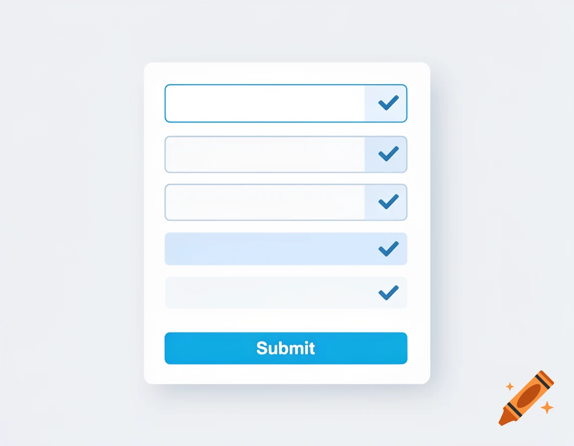 A clean, flat design illustration of a white UI form with five input boxes, checkmarks, and a blue 'Submit' button.