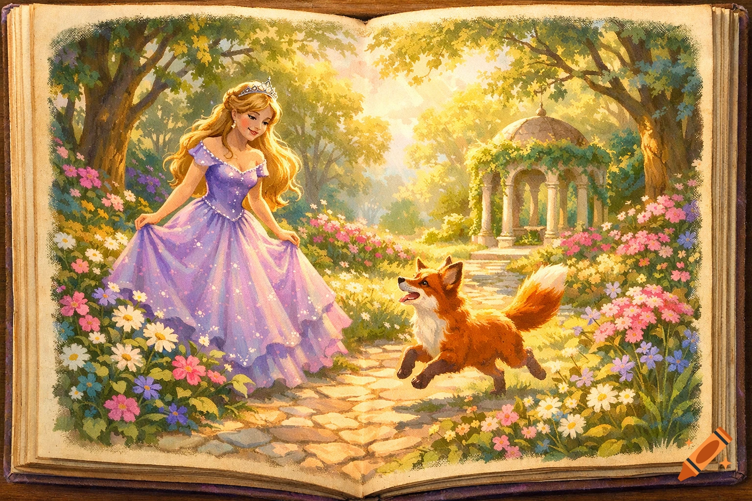 A princess in a lavender dress smiles at a playful fox running in a vibrant, sunny fairytale garden, depicted as an open storybook illustration.